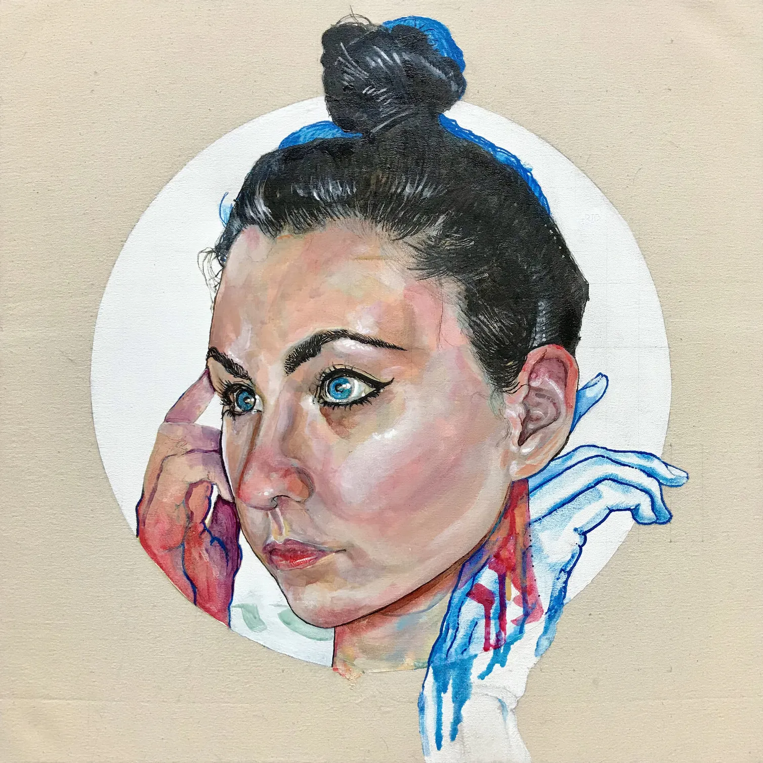 Portrait of a young white woman's head framed in a white circle. She has black hair done up in a bun. The woman looks relaxed and is gazing to the left of frame. Her right hand rests against her right cheek and temple. The woman's portait is superimposed over a blue underpainting of the same woman in a slighly different pose, only a blue and and the top of her hair is visible.