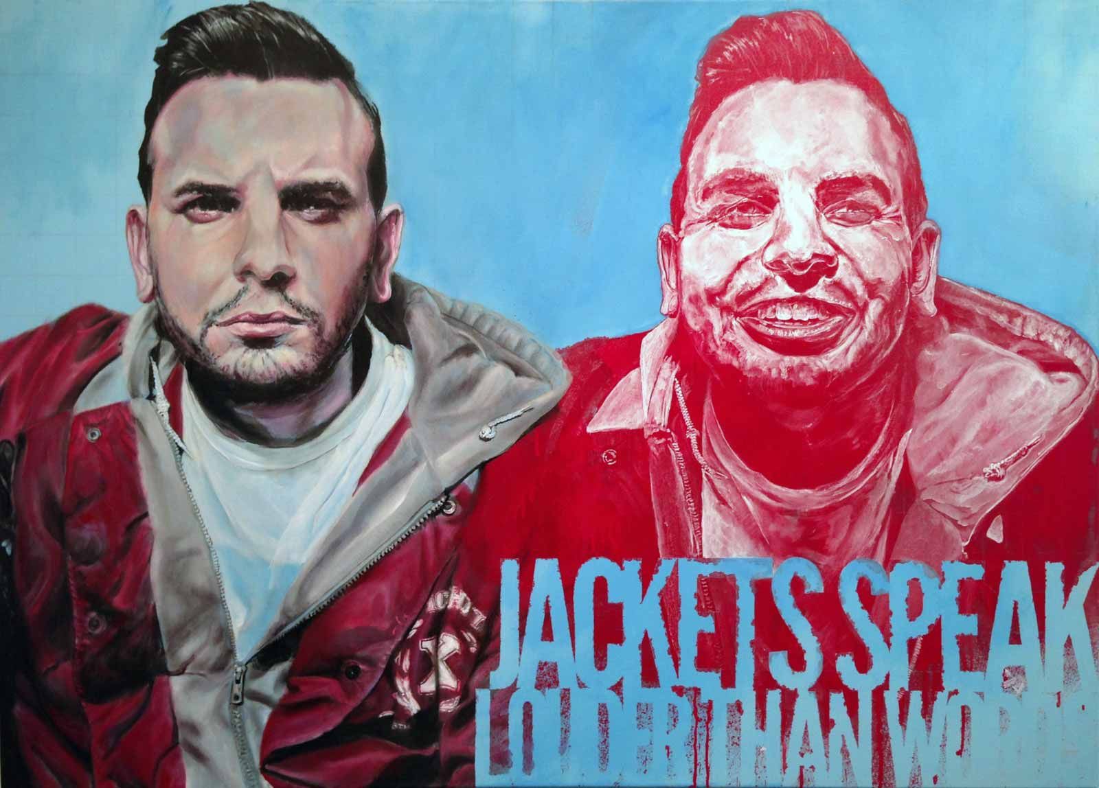 Two side-by-side portaits of a young white man with short dark hair, combed back. In both portraits he is wearing a jacked with a Straight Edge symbol. The text "Jackets speak louder than words is painted over the bottom right quarter of the image.